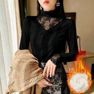 爆款高级感蕾丝打底衫加绒保暖上衣黑色蕾丝花边修身显瘦网纱拼接
