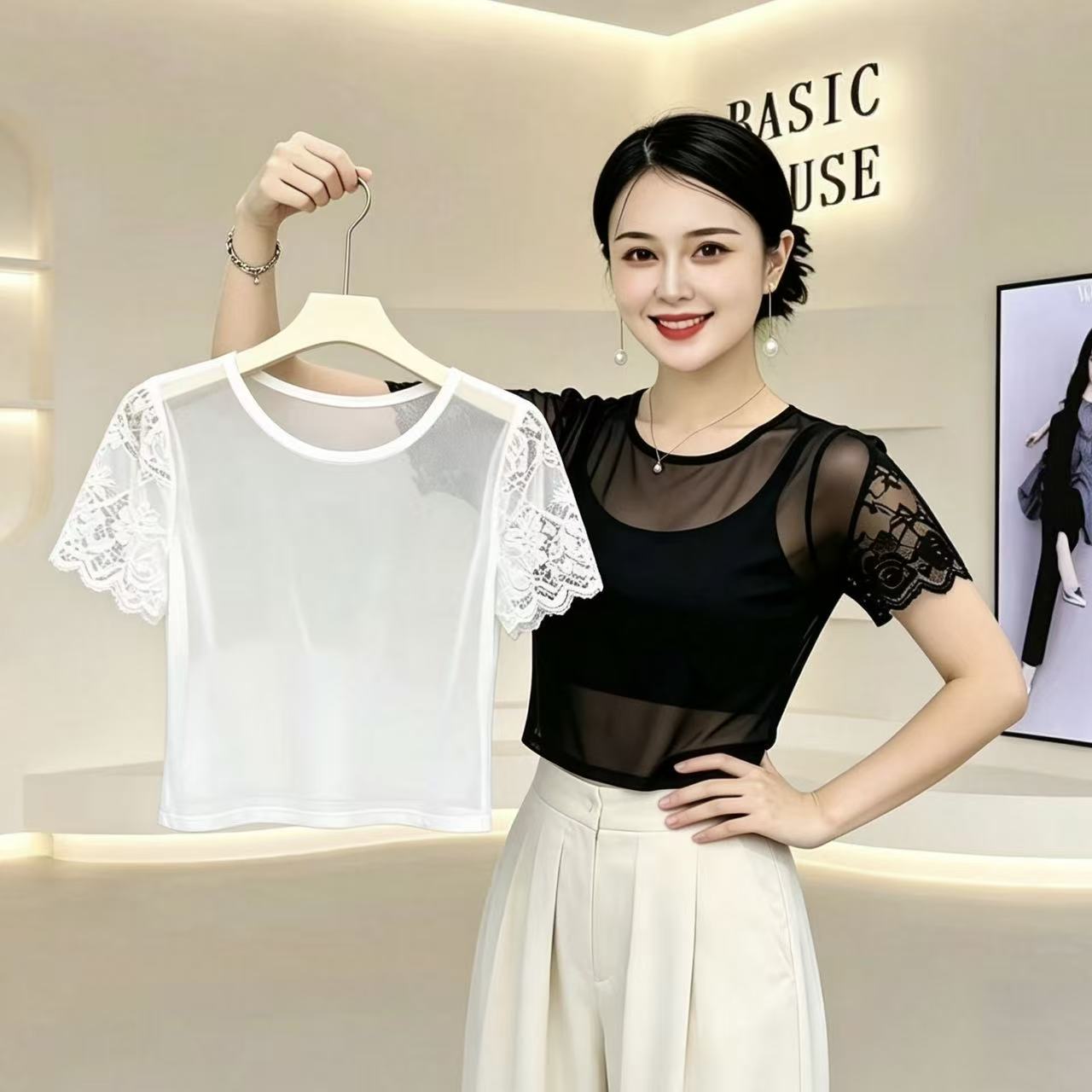 夏季胖MM网纱低领短袖T恤女高腰弹力大码防走光打底内衣小衫