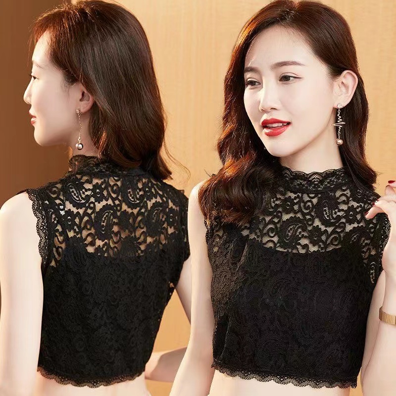 洋气蕾丝假领子内搭小背心半高领短款修身显瘦无袖打底衫女上衣