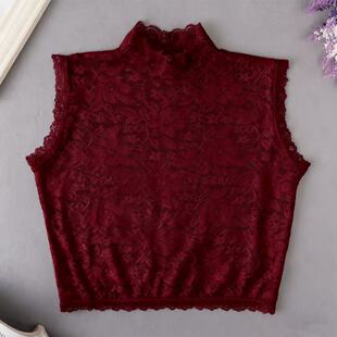 百搭蕾丝假领子女半高领无袖套头打底衫装饰花边领弹力复古红短款