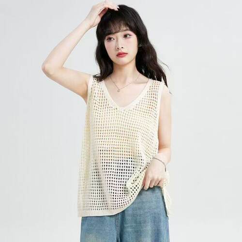 夏季冰丝镂空网格针织马甲大码女
