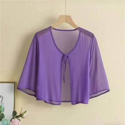 【气质小披肩】超薄款系带披肩女夏季冰丝网纱透气外搭小开衫紫色