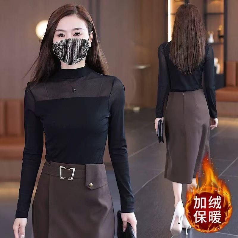 黑色显瘦半高领网纱打底衫新款高级感内搭上衣洋气长袖T恤蕾丝衫