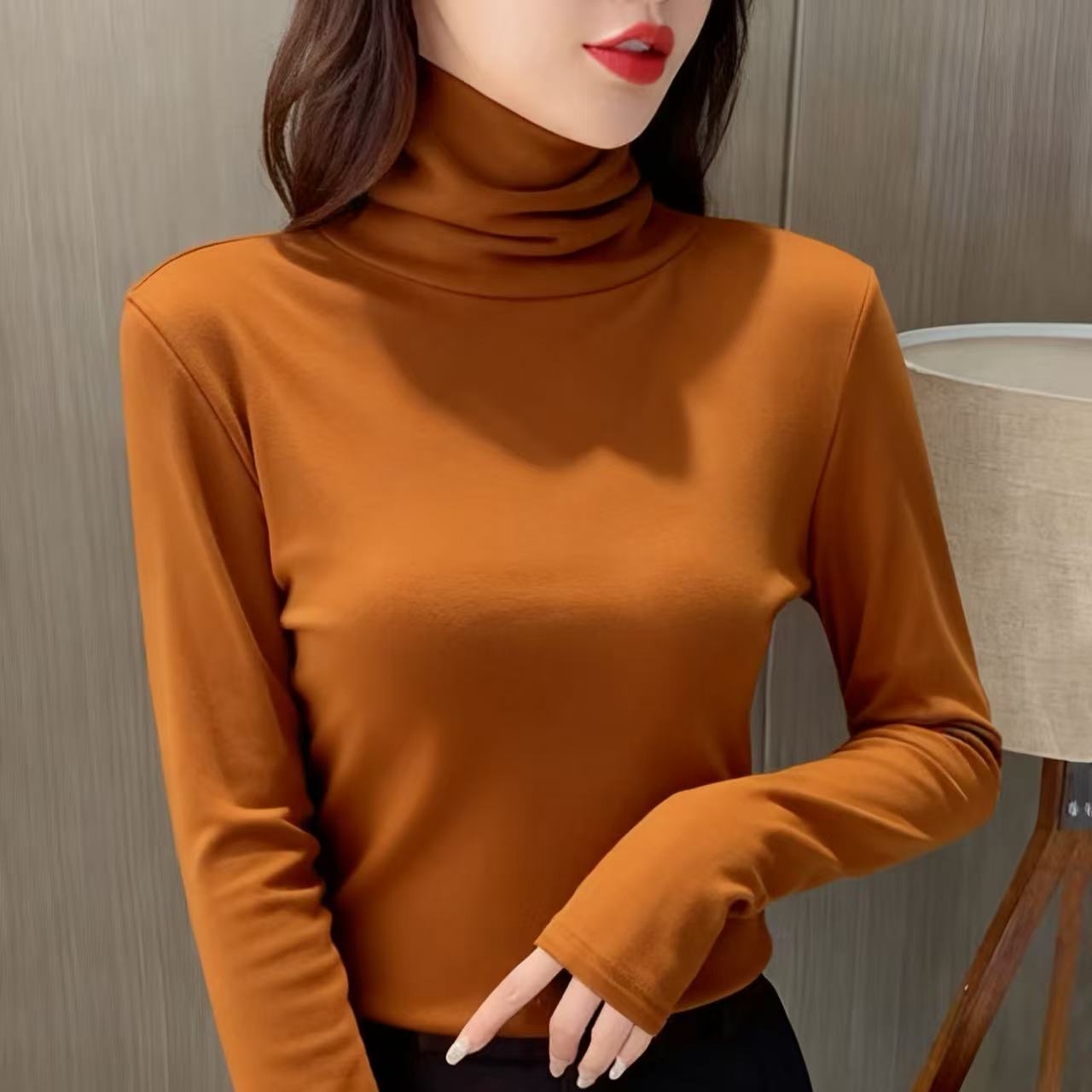 今年流行的女T恤上衣纯色打底衫小立领长袖亲肤透气有弹性百搭款