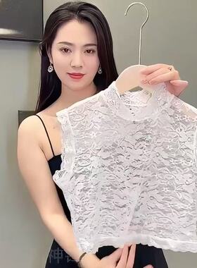 高端蕾丝假领子女新款小个子性感打底衫无袖短款背心舞蹈高腰上衣