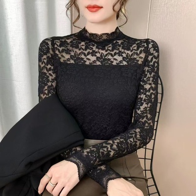黑色性感蕾丝打底衫镂空拼接加绒保暖好看不臃肿半高领气质上衣女