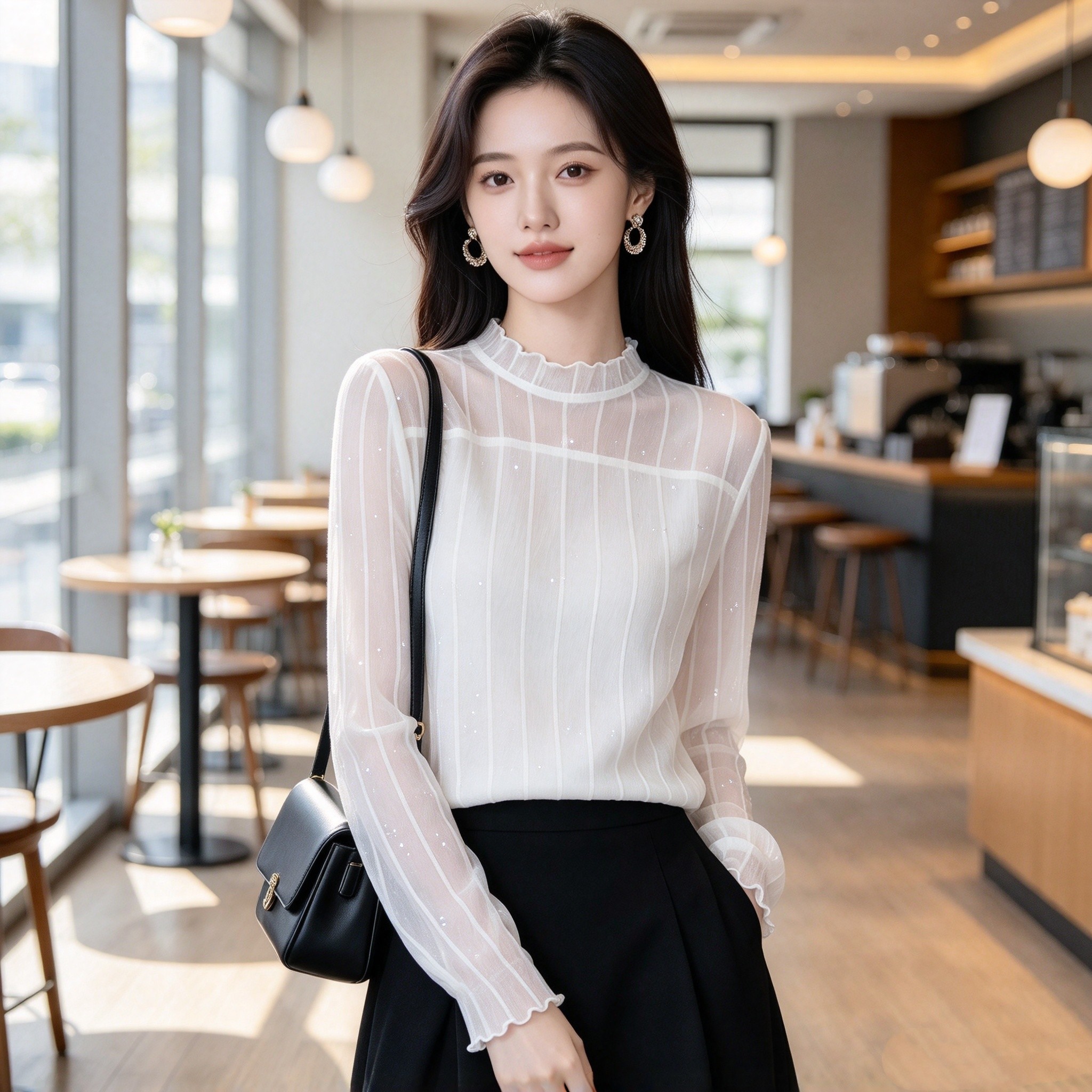 小个子半高领网纱打底衫女秋冬木耳花边亮片内搭时髦叠穿洋气上衣