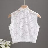内搭叠穿蕾丝假领子女新款 半高领中领春秋薄纱高弹性无袖 高腰上衣
