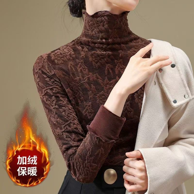 黑色高领蕾丝加绒打底衫女