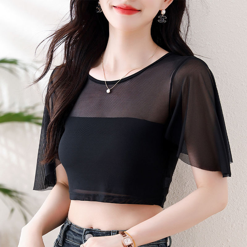 夏季纯色网纱短款打底T恤女