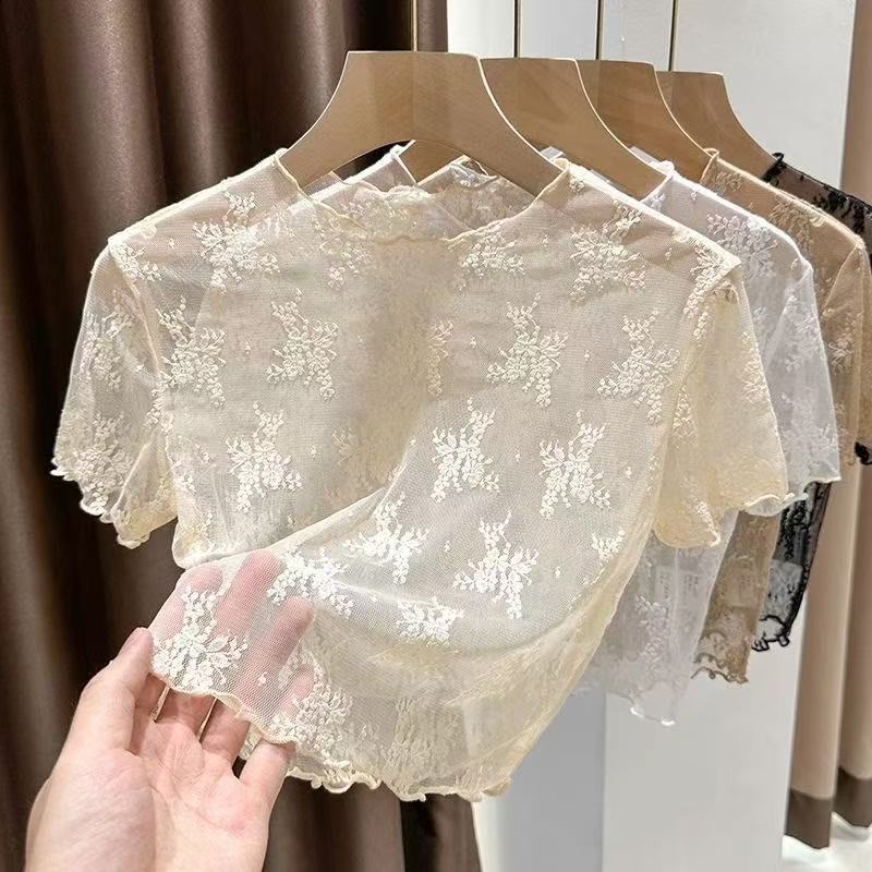 【现货速发】蕾丝打底衫女夏薄款透明网纱镂空短上衣内搭薄纱短袖
