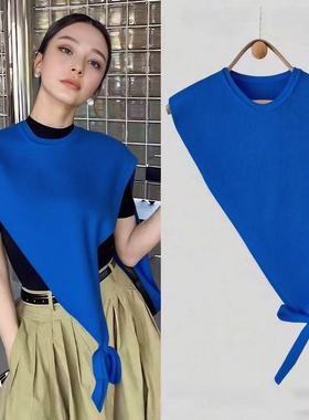 克莱因蓝色披肩针织马夹背心女反季春秋冬季叠穿气质外搭时尚上衣