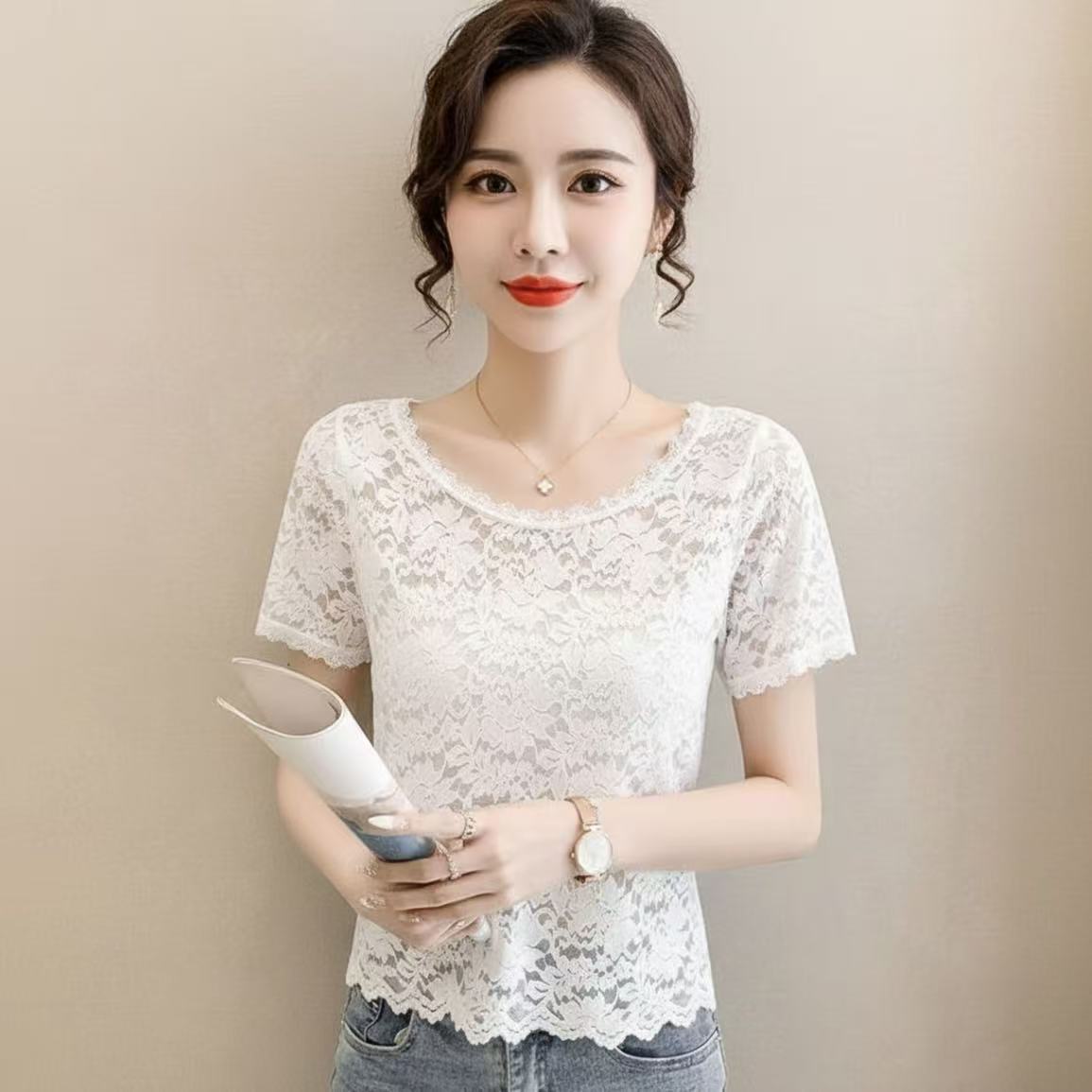 夏季圆领蕾丝镂空短袖打底T恤女