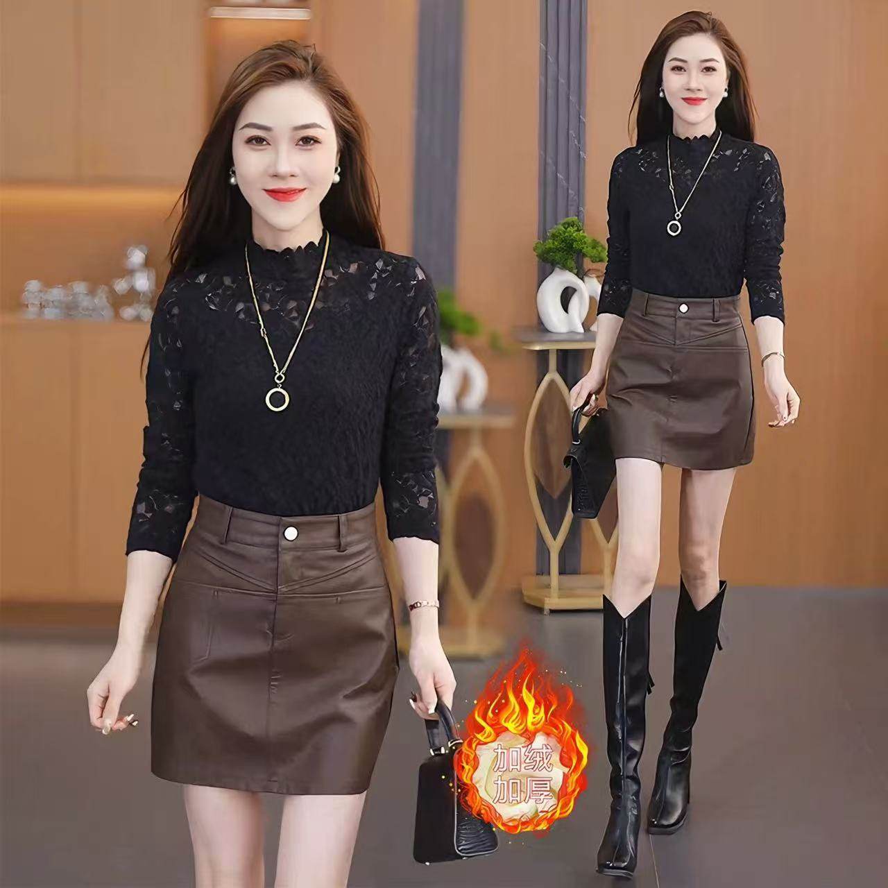 加绒加厚蕾丝半高领打底衫女2025秋冬季新款洋气修身性感内搭上衣