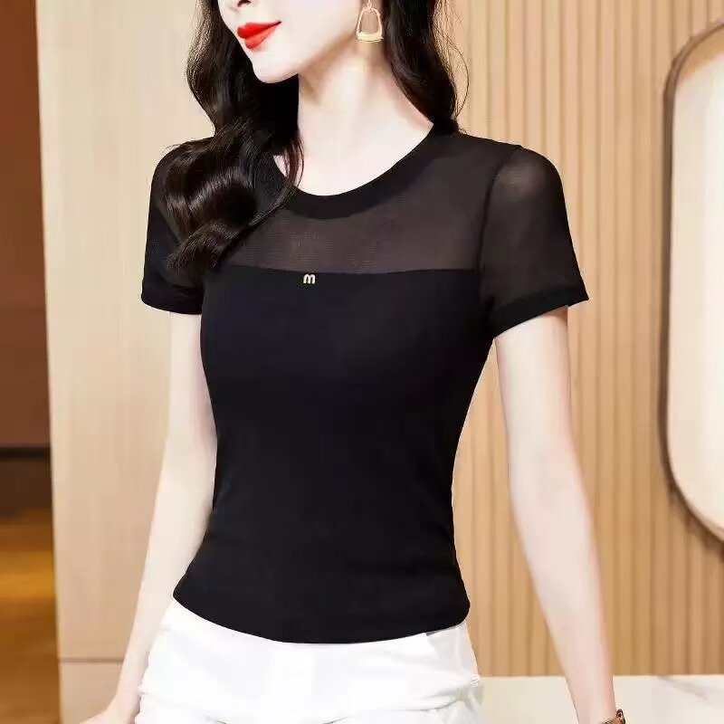 女士夏装冰丝网纱拼接黑色T恤短袖微透弹力打底衫圆领修身款上衣