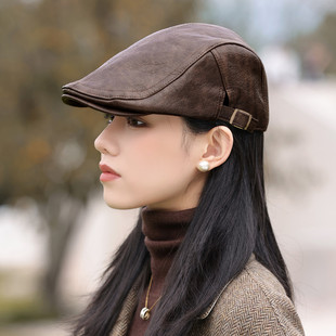保暖贝雷帽 秋冬显脸小百搭前进帽女士高级感皮质新款 前卫时尚