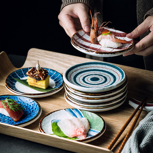 陶瓷回转寿司点心碟子和风彩绘餐厅摆台面刺身圆形浅式 日式 平盘