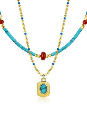 小彩串绿色叠戴项链女款多巴胺复古双层锁骨链