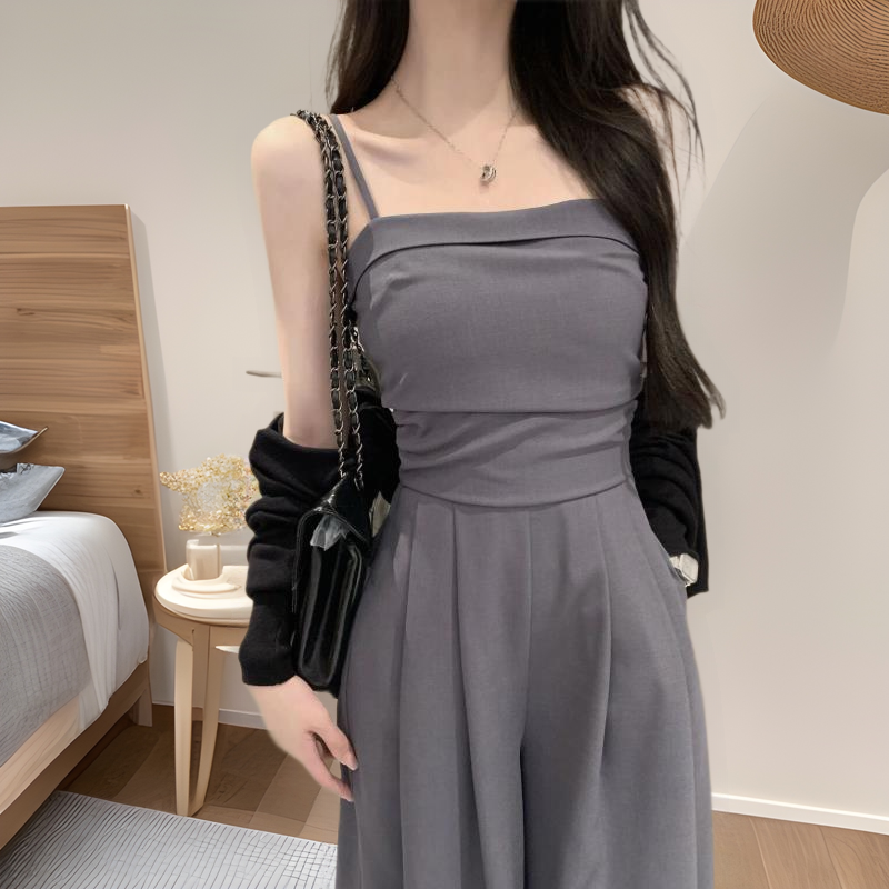 150小矮个子垂感无袖吊带连体裤女春夏收腰背带裤直筒阔腿拖地裤