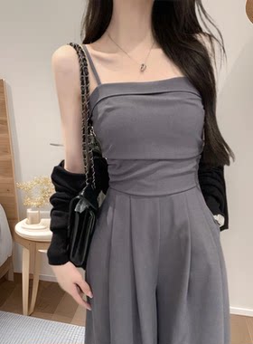 150小矮个子垂感无袖吊带连体裤女春夏收腰背带裤直筒阔腿拖地裤