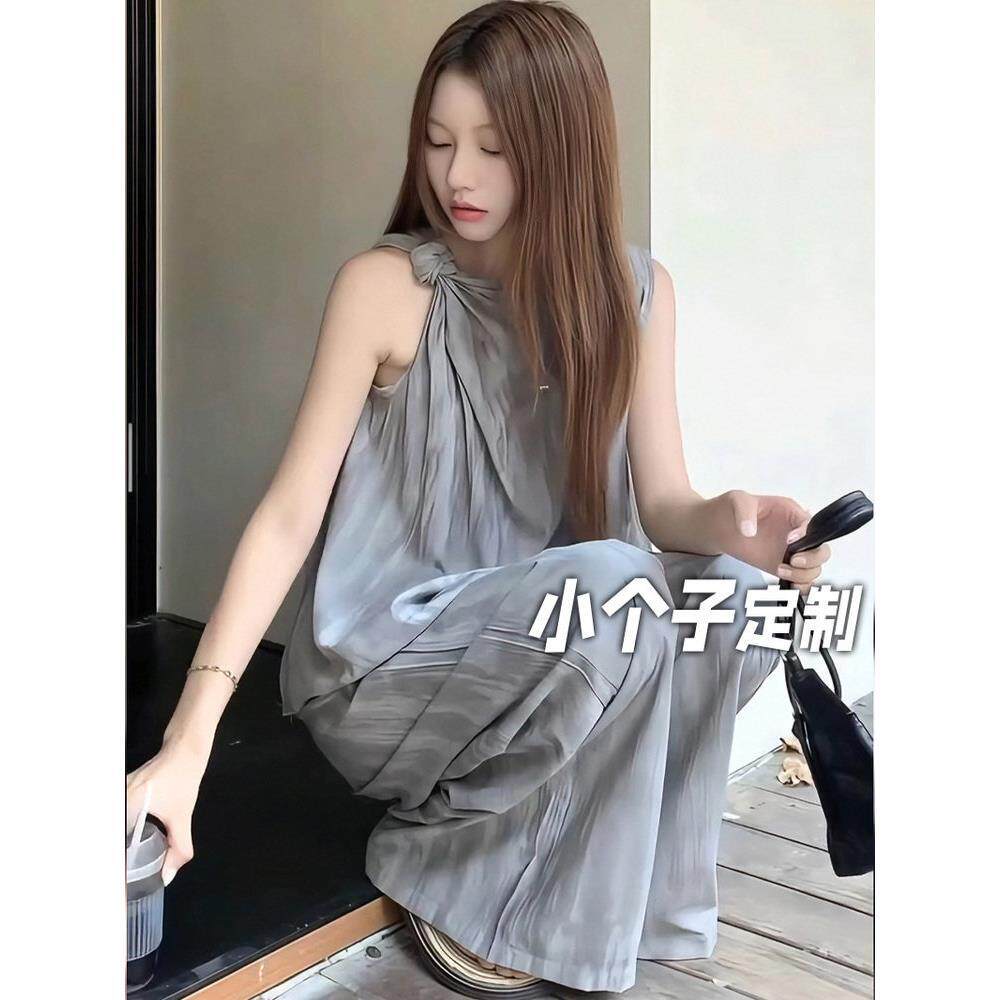 150小矮个子不规则无袖扎染背心女夏季高腰拖地阔腿裤松弛感套装