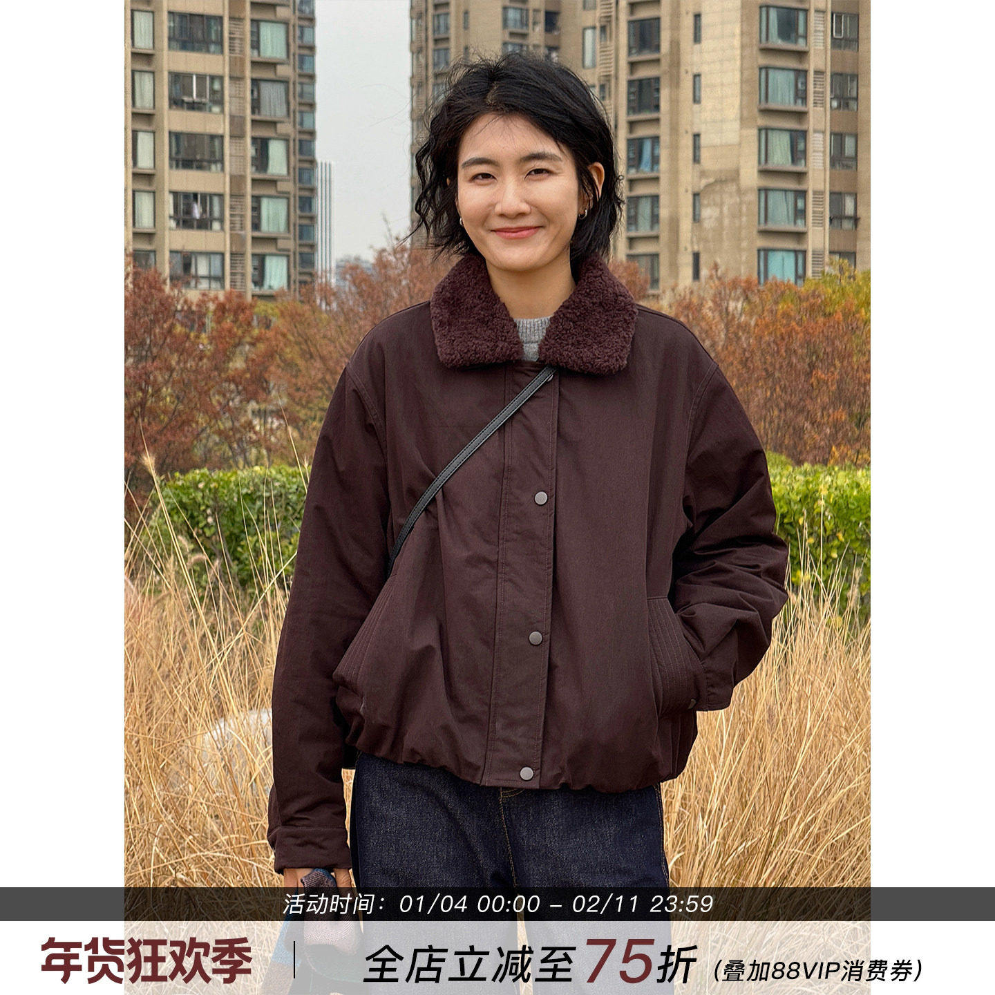 周浪清咖色老钱风夹克棉服女款2025新款冬季保暖棉衣短款夹棉外套