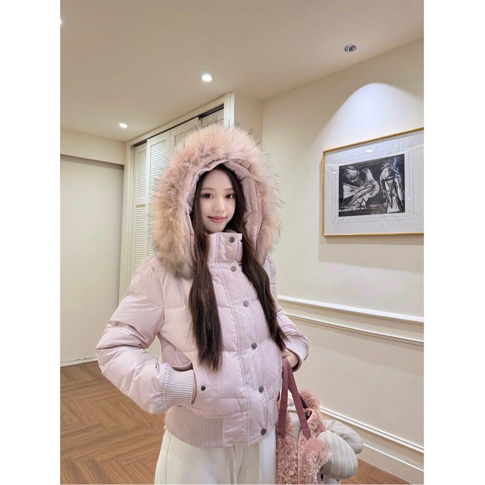 粉色大毛领连帽棉服棉袄外套女冬季小个子短款加绒加厚面包服棉衣