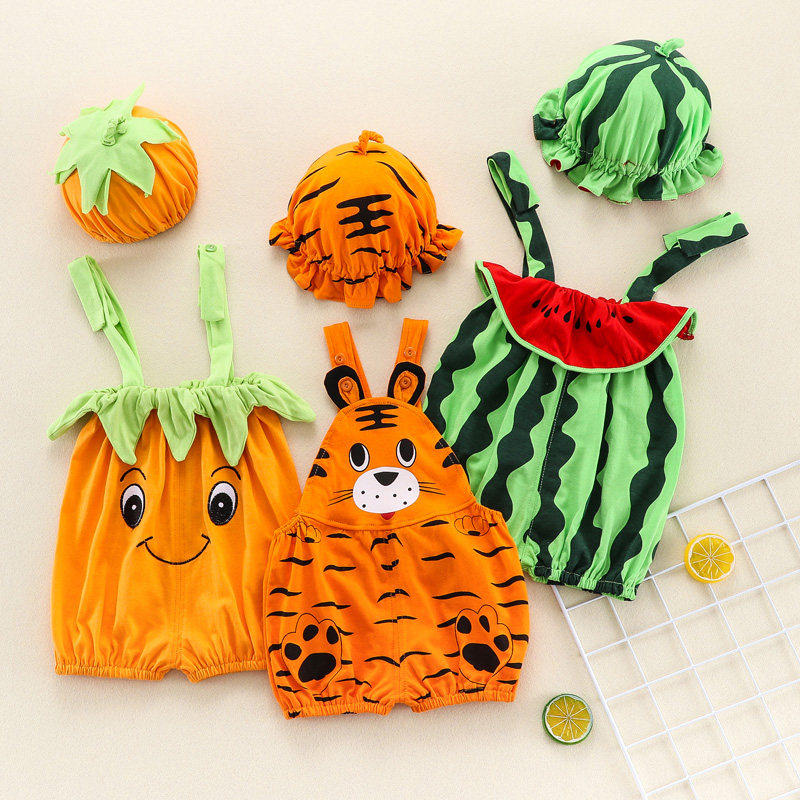 【送帽子】婴儿西瓜套装夏季薄款男女宝宝纯棉无袖短裤背带裤哈衣