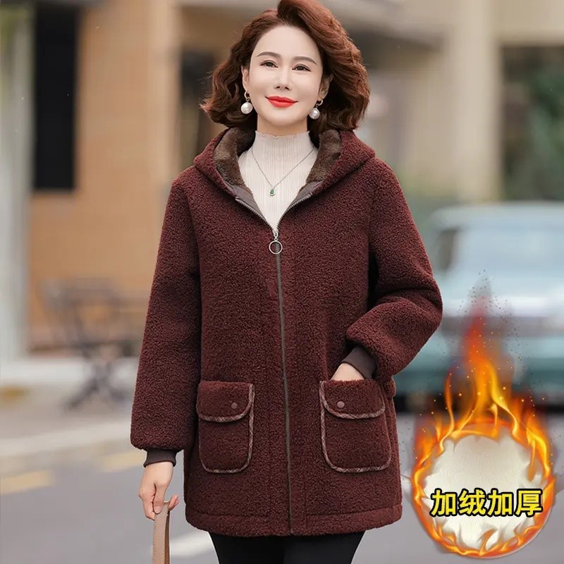 妈妈冬装加绒加厚羊羔绒棉衣中老