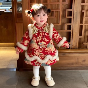 女童冬装旗袍裙舒适加绒加厚裙中小0童拜年服周岁礼服汉服中国风