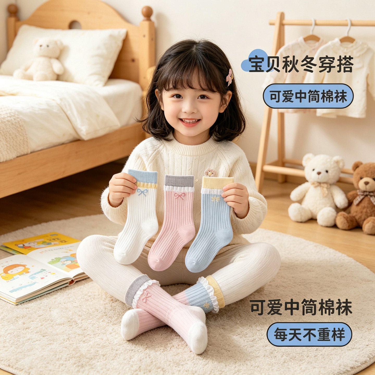 儿童袜子女中筒棉袜保暖