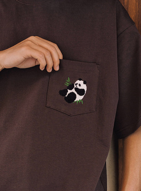 Hungry Artist新中式熊猫刺绣短袖男女口袋t恤纯棉重磅中国风情侣