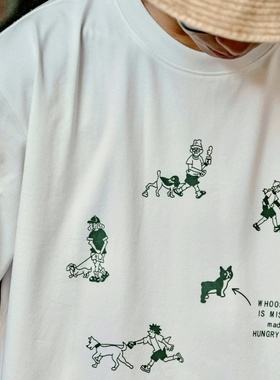 Hungry Artist夏季新款小狗撞色复古印花短袖t恤男女白色凉感重磅