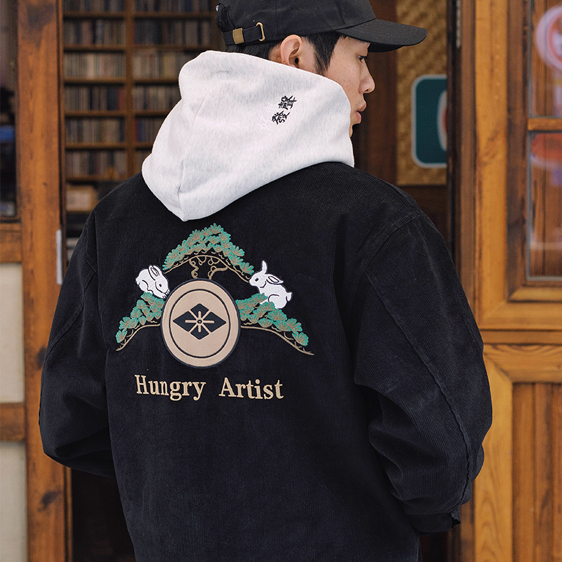 Hungry Artist新中式松树刺绣夹克男复古国潮灯芯绒短款秋季外套