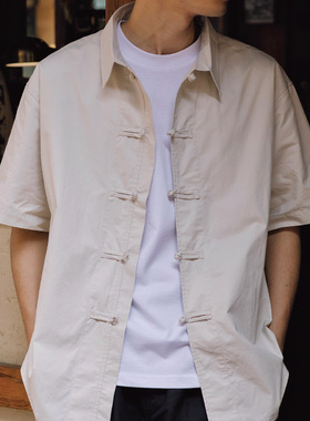 Hungry Artist新中式盘扣短袖衬衫纯棉国风t恤男订婚唐装汉服上衣