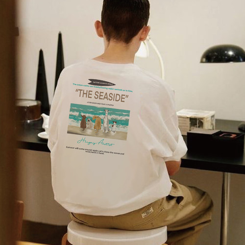 Hungry Artist新品夏季冰感海边小狗印花短袖t恤男女宽松复古重磅