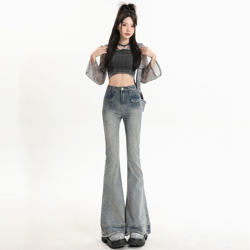 BRN美式复古高腰双口袋毛边喇叭裤女春秋2025新款百搭显瘦马蹄裤