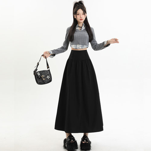 高腰抗褶皱高腰伞裙黑色