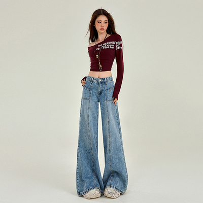 BRN2025春秋美式复古休闲裤女小个子设计感宽松阔腿喇叭牛仔裤子