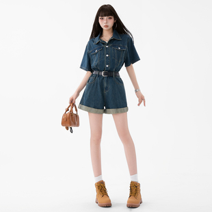 BRN时尚牛仔连体裤女高级感新款夏季收腰显瘦卷边短裤套装连体衣