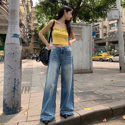 BRN新款复古做旧水洗牛仔裤女浅蓝色百搭宽松显瘦直筒拖地长裤子