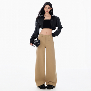 BRN复古卡其色阔腿牛仔裤女2025年秋季设计感垂感舒适直筒拖地裤