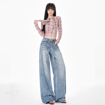 美式高街复古阔腿显瘦牛仔长裤女