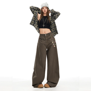 BRN设计感可可色弯刀牛仔工装裤女加绒美式复古高腰宽松阔腿裤子