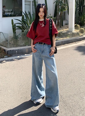 BRN浅蓝色宽松阔腿牛仔裤女2025春秋新款高腰显瘦垂感直筒拖地裤