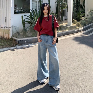 高腰显瘦垂感直筒拖地裤 女2025春秋新款 BRN浅蓝色宽松阔腿牛仔裤