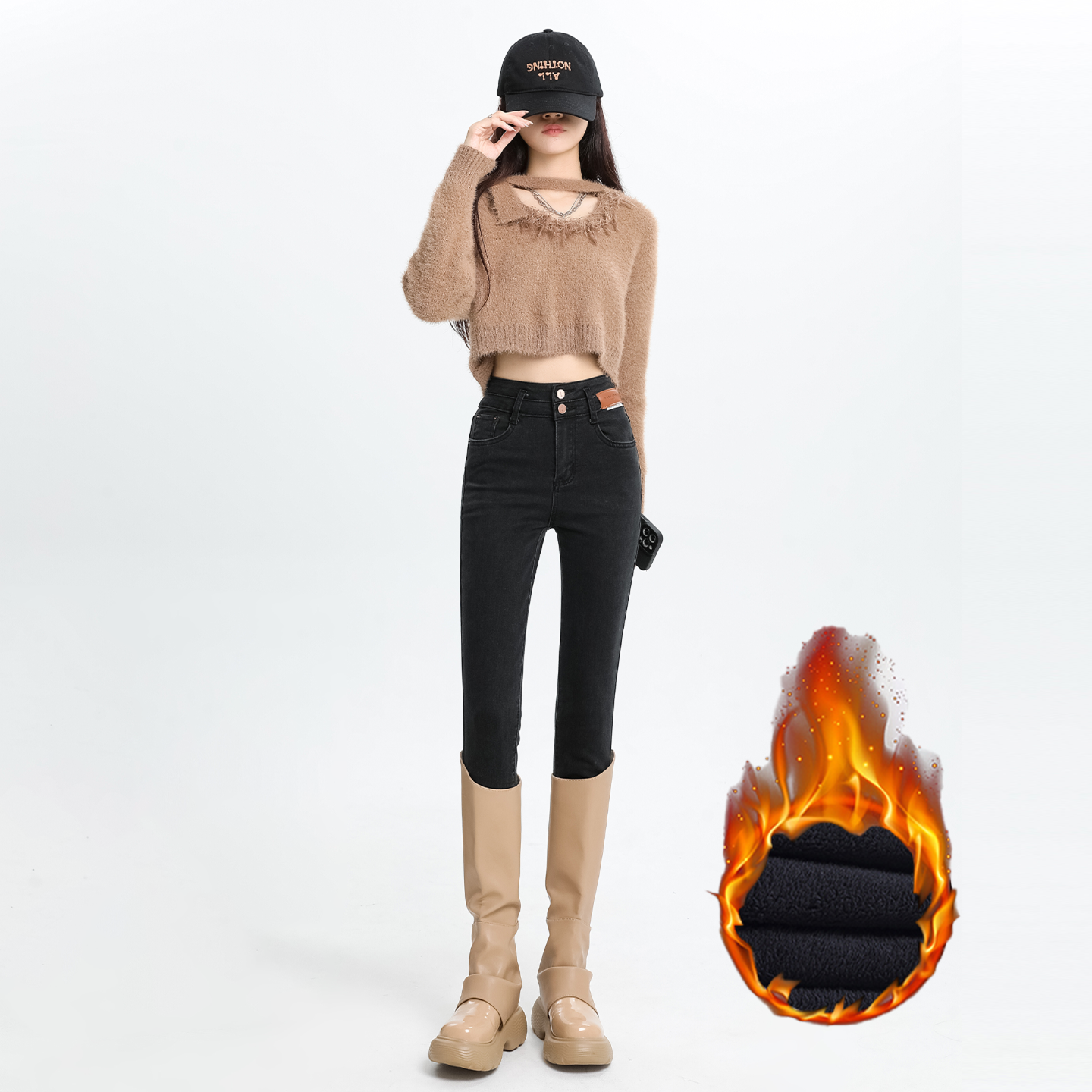 BRN黑色高腰小脚牛仔裤女2025秋冬新款百搭修身显瘦加绒铅笔裤子