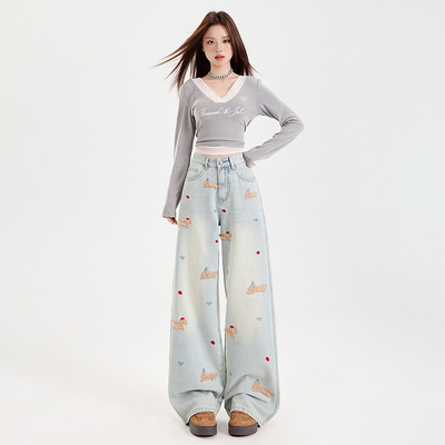 BRN美式复古小狗贴布刺绣牛仔裤