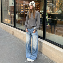 BRN2025加绒新款复古做旧水洗牛仔裤女折痕宽松显瘦直筒拖地长裤