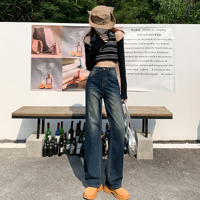 辣妹复古高腰阔腿牛仔裤女